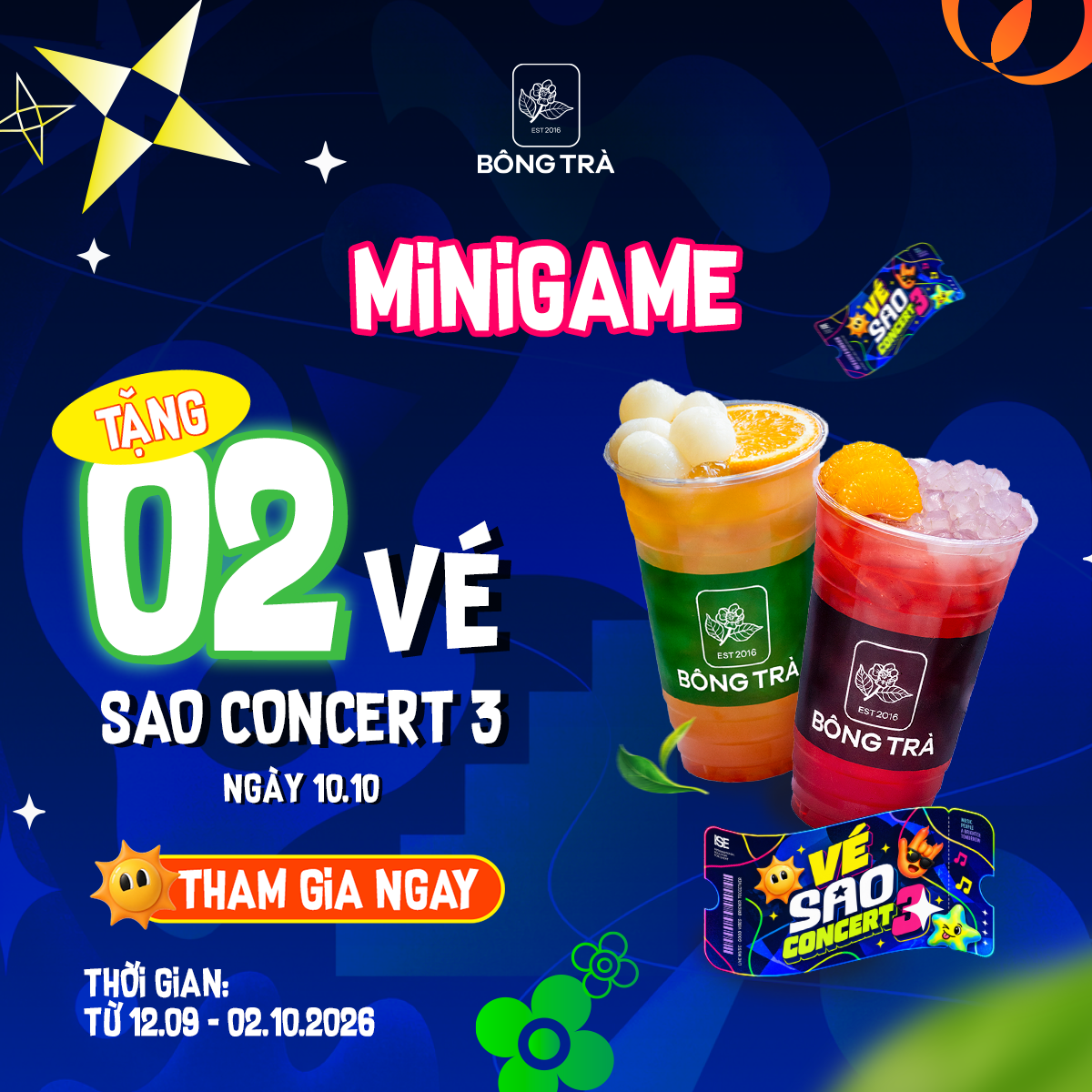 MINIGAME CHIA SẺ KHOẢNH KHẮC C&Ugrave;NG B&Ocirc;NG TR&Agrave; - SĂN V&Eacute; SAO CONCERT HO&Agrave;N TO&Agrave;N MIỄN PH&Iacute;!
